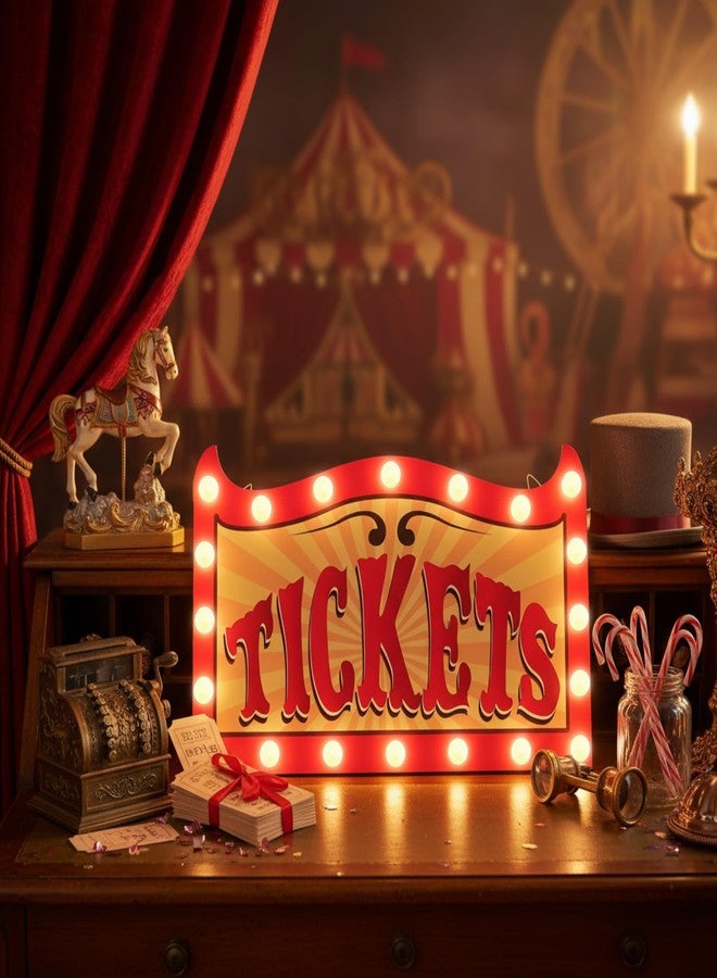 Aurelema 16.5 Inch Lighted Carnival Party Decoration Carnival Ticket Wooden Sign Circus Light Up Hanging Door Decor with 20 LED String Lights for Circus Indoor Outdoor Party Decoration - Image 4