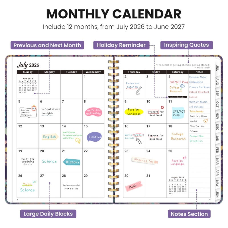 ZOTIA 2026 Planner, Weekly and Monthly Planner for Women, January 2026 - December 2026, Hardcover 2026 Calendar Planner Book with Tabs, Inner Pocket, Spiral Bound, Perfect for Office Home School Supplies - A5 (6.3" x 8.5"), Lavendar Floral - Image 2