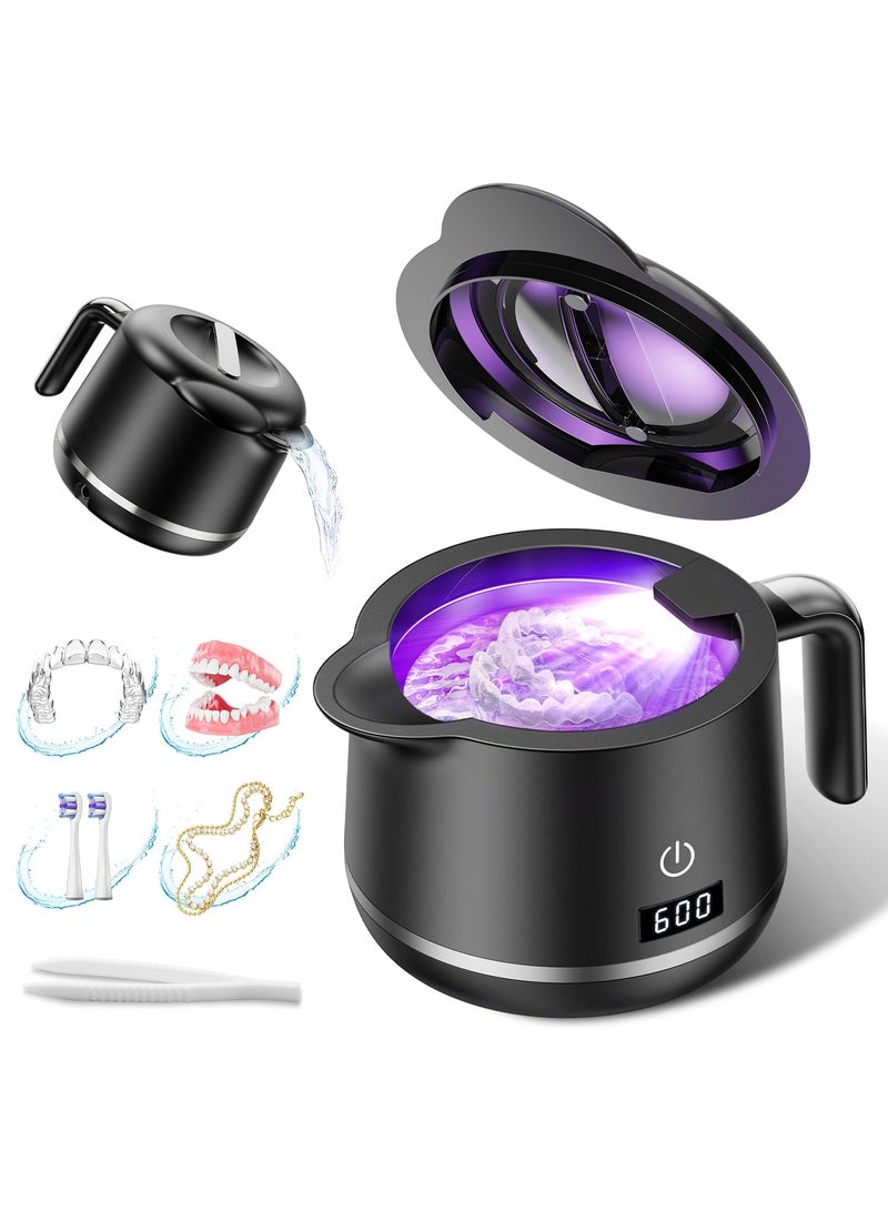 ريبوتون جهاز تنظيف المثبتات بالموجات فوق الصوتية - منظف مجوهرات بالموجات فوق الصوتية 45 كيلو هرتز - جراب تنظيف واقي الفم وأطقم الأسنان سعة 200 مل - 5 أوضاع مع مؤقت رقمي - تصميم زجاجة مياه متطور، أسود لامع - Image 1