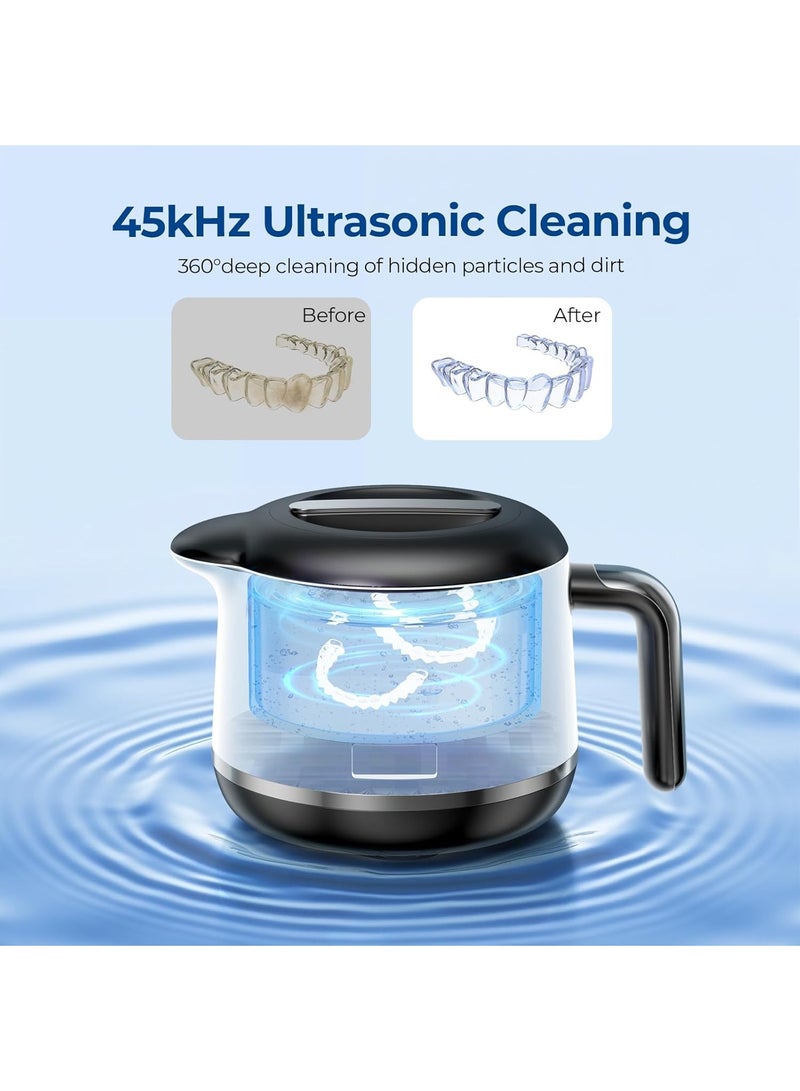 ريبوتون جهاز تنظيف المثبتات بالموجات فوق الصوتية - منظف مجوهرات بالموجات فوق الصوتية 45 كيلو هرتز - جراب تنظيف واقي الفم وأطقم الأسنان سعة 200 مل - 5 أوضاع مع مؤقت رقمي - تصميم زجاجة مياه متطور، أسود لامع - Image 5