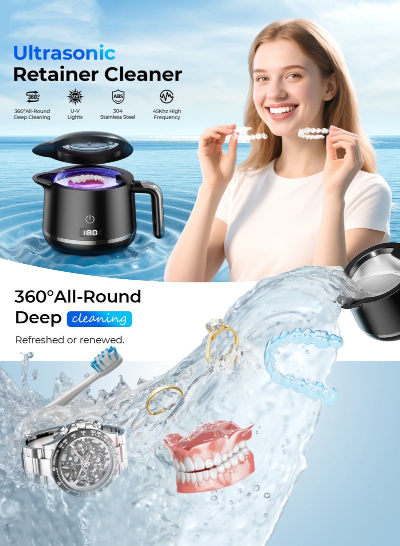 ريبوتون جهاز تنظيف المثبتات بالموجات فوق الصوتية - منظف مجوهرات بالموجات فوق الصوتية 45 كيلو هرتز - جراب تنظيف واقي الفم وأطقم الأسنان سعة 200 مل - 5 أوضاع مع مؤقت رقمي - تصميم زجاجة مياه متطور، أسود لامع - Image 2