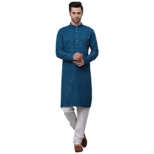 Jompers Men's Blue Chikankari Embroidered and Sequence Kurta with Churidar (Peacock,M) - Image 1