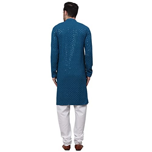 Jompers Men's Blue Chikankari Embroidered and Sequence Kurta with Churidar (Peacock,M) - Image 2