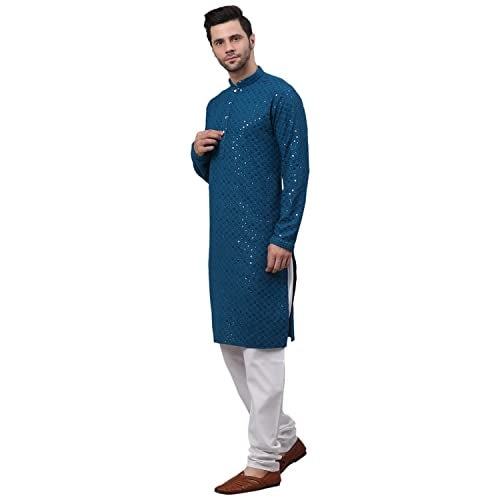 Jompers Men's Blue Chikankari Embroidered and Sequence Kurta with Churidar (Peacock,M) - Image 3