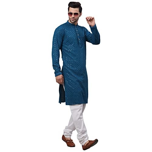 Jompers Men's Blue Chikankari Embroidered and Sequence Kurta with Churidar (Peacock,M) - Image 4