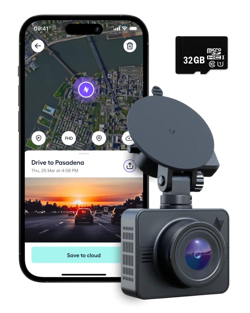 Nexar Beam GPS Dash Cam Dash Camera for Cars with 32GB SD Card Included Unlimited Cloud Storage 24H Parking Mode Dash Cam for Cars Wireless Car Camera with 1Year Nexar Classic App Subscription