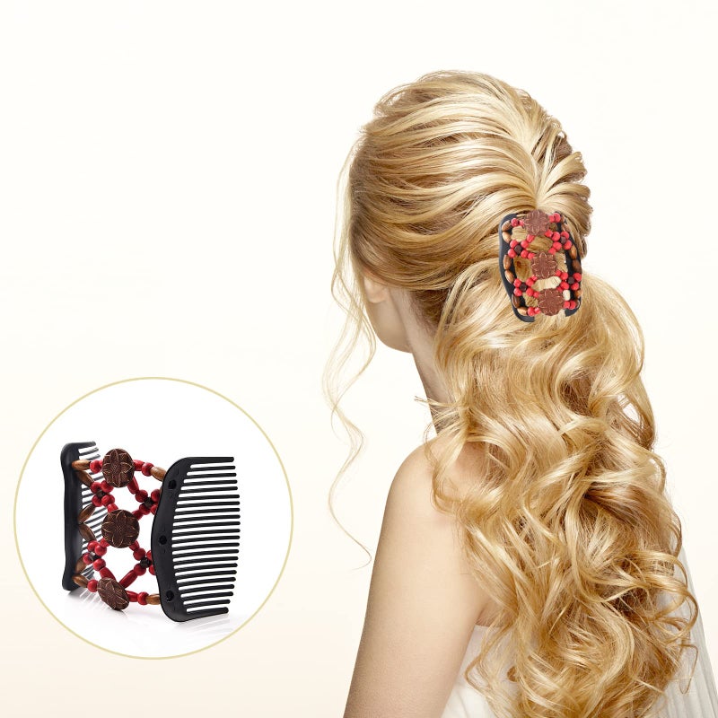 Yeshan Magic Hair Combs for Women Wood Beaded Stretch Double Hair Side Combs Adjustable Elastic Hair Clips Bun Maker Hair Accessories,Pack of 6 - Image 5