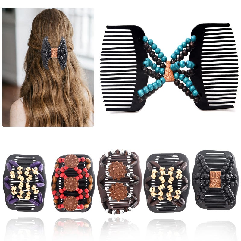 Yeshan Magic Hair Combs for Women Wood Beaded Stretch Double Hair Side Combs Adjustable Elastic Hair Clips Bun Maker Hair Accessories,Pack of 6 - Image 1