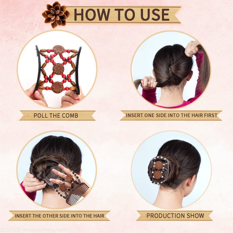 Yeshan Magic Hair Combs for Women Wood Beaded Stretch Double Hair Side Combs Adjustable Elastic Hair Clips Bun Maker Hair Accessories,Pack of 6 - Image 4
