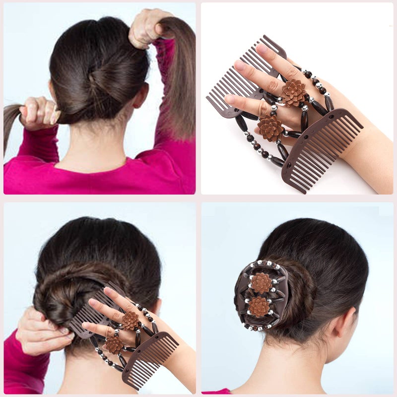 Yeshan Magic Hair Combs for Women Wood Beaded Stretch Double Hair Side Combs Adjustable Elastic Hair Clips Bun Maker Hair Accessories,Pack of 6 - Image 3