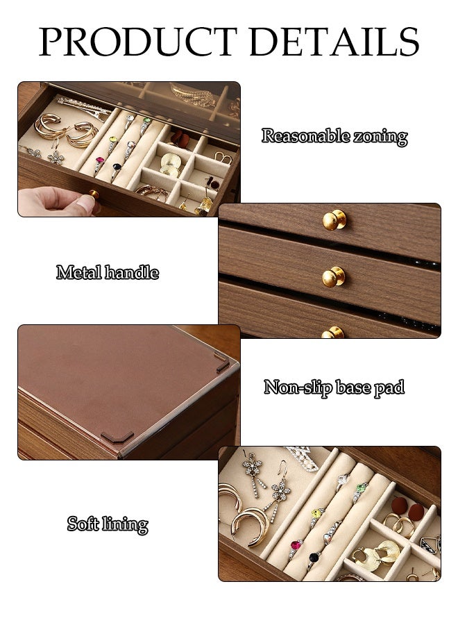 DUNISO 3 Tier Multifunctional Walnut Jewelry Storage Box, Display Stand with Handle and Drawer,Portable Jewellery Holder  for Earring ,Rings ,Necklaces and Bracelets - Image 3