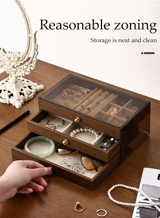 DUNISO 3 Tier Multifunctional Walnut Jewelry Storage Box, Display Stand with Handle and Drawer,Portable Jewellery Holder  for Earring ,Rings ,Necklaces and Bracelets - Image 5