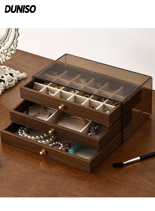 DUNISO 3 Tier Multifunctional Walnut Jewelry Storage Box, Display Stand with Handle and Drawer,Portable Jewellery Holder  for Earring ,Rings ,Necklaces and Bracelets - Image 1