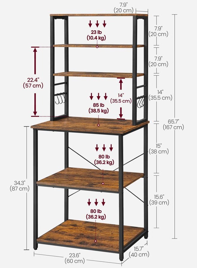 VASAGLE Coffee Bar, Baker's Rack for Kitchen with Storage, 6-Tier Kitchen Shelves with 6 Hooks, Microwave Stand, Industrial, 15.7 x 23.6 x 65.7 Inches, Oak Color and White UKKS024W09 - Image 5