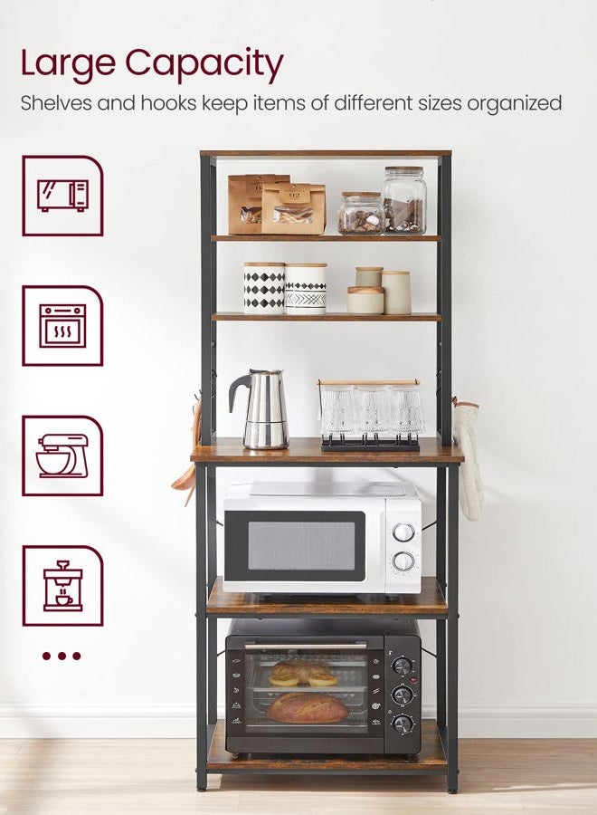 VASAGLE Coffee Bar, Baker's Rack for Kitchen with Storage, 6-Tier Kitchen Shelves with 6 Hooks, Microwave Stand, Industrial, 15.7 x 23.6 x 65.7 Inches, Oak Color and White UKKS024W09 - Image 4