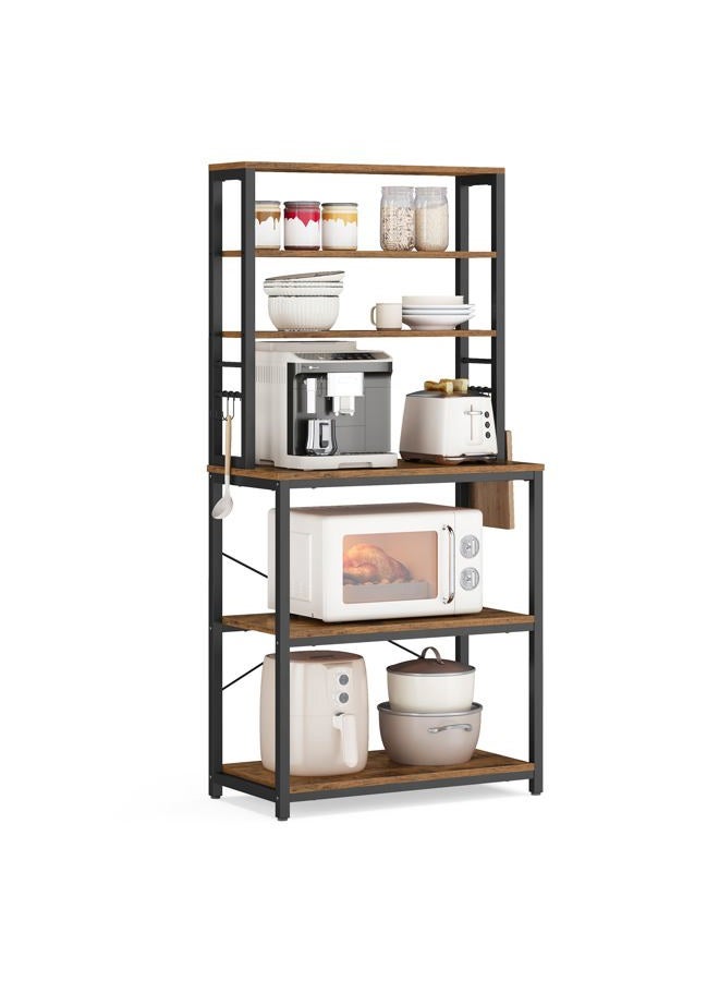 VASAGLE Coffee Bar, Baker's Rack for Kitchen with Storage, 6-Tier Kitchen Shelves with 6 Hooks, Microwave Stand, Industrial, 15.7 x 23.6 x 65.7 Inches, Oak Color and White UKKS024W09 - Image 1