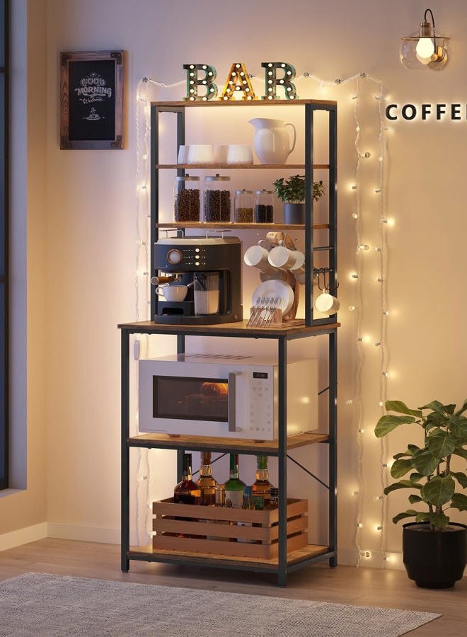 VASAGLE Coffee Bar, Baker's Rack for Kitchen with Storage, 6-Tier Kitchen Shelves with 6 Hooks, Microwave Stand, Industrial, 15.7 x 23.6 x 65.7 Inches, Oak Color and White UKKS024W09 - Image 3