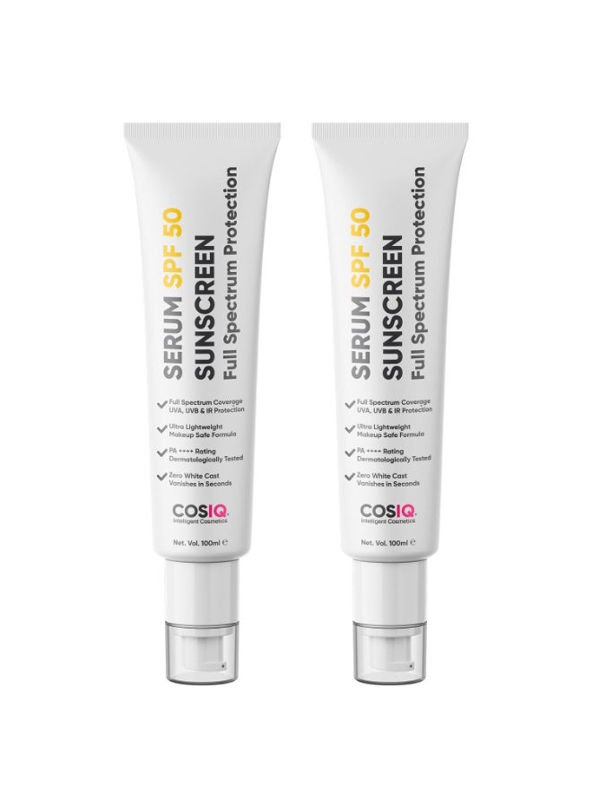 CosIQ Cos-IQ Sunscreen SPF 50 PA++++ Serum | UVA/B & Blue Light Protection for Men & Women | Broad Spectrum Sun Protection | Oily, Dry, Sensitive & Combination Skin | No White Cast | 100ml, Pack of 2 - Image 1