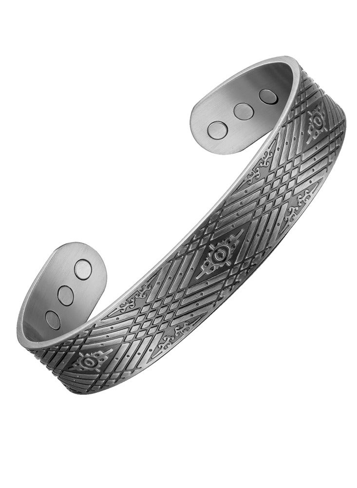 Vintage Silver Tone Magnetic Copper Bracelet - Antique Geometric Pattern Adjustable Cuff  - Image 1