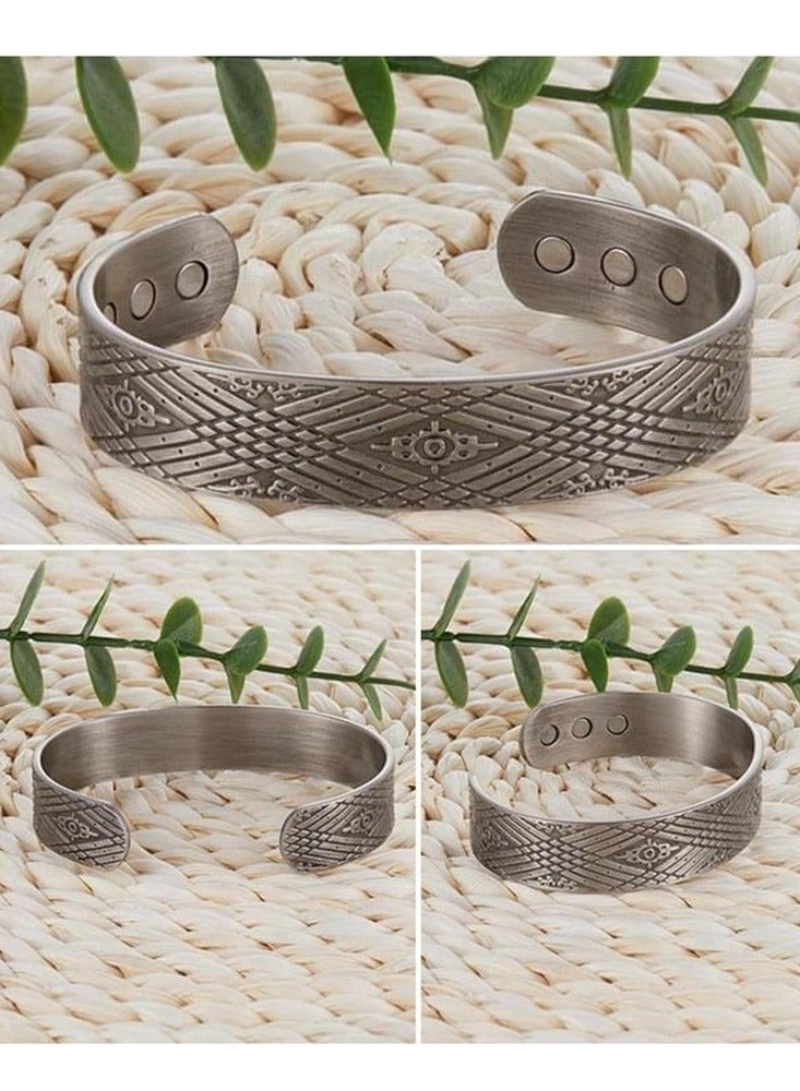 Vintage Silver Tone Magnetic Copper Bracelet - Antique Geometric Pattern Adjustable Cuff  - Image 2