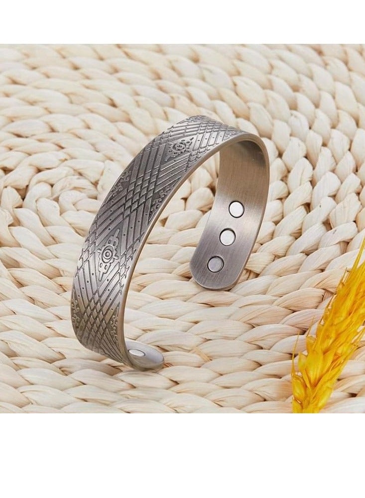Vintage Silver Tone Magnetic Copper Bracelet - Antique Geometric Pattern Adjustable Cuff  - Image 3