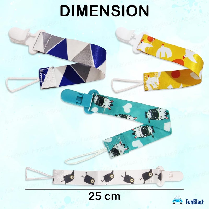 FunBlast مشابك مصاصة الأطفال - عبوة من 3 حوامل عالمية لحلقة التسنين ولعبة التسنين، مشابك مصاصة للأطفال من 0+ أشهر، حديثي الولادة، الأطفال الصغار (لون وتصميم عشوائي) - Image 3