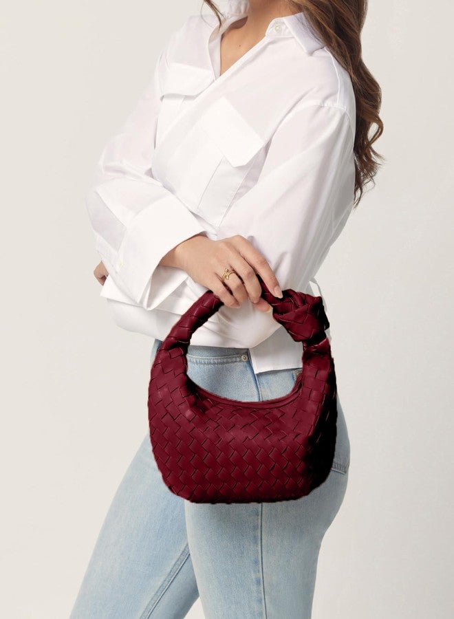 Apryl Woven Purse - Woven bags for women - Small Hobo Bags - Fashion Knotted Top Handle Handbags Clutch - Soft Vegan Leather - Burgundy - Image 3