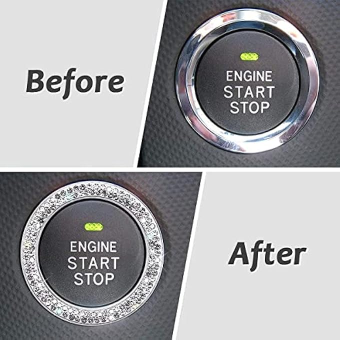 KASTWAVE Car Supplies OneKey Start Button Decorative Ring 2 Pcs DiamondSet Crystal Ignition Ring Car Volume Button Decorative Ring Bling Car Interior Accessory For Women Silver - Image 5