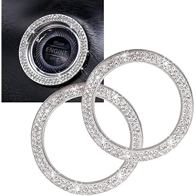 KASTWAVE Car Supplies OneKey Start Button Decorative Ring 2 Pcs DiamondSet Crystal Ignition Ring Car Volume Button Decorative Ring Bling Car Interior Accessory For Women Silver - Image 1