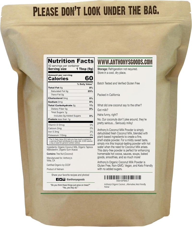 Anthony's Organic Coconut Milk Powder, 1 lb - Gluten Free, Vegan, Dairy Free, Creamer Alternative, Keto Friendly - Image 2
