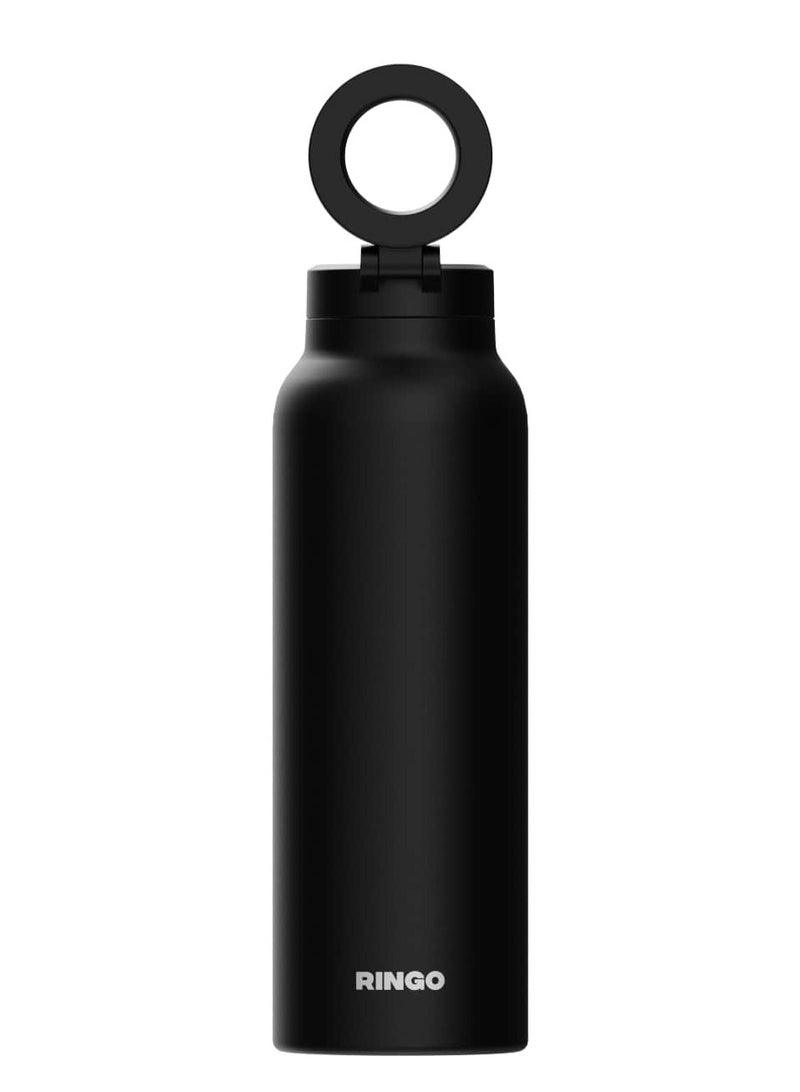 Ringo Pro Water Bottle with Sip Straw Lid | Stainless Steel Hydration Bottle w/ Integrated Magnetic Phone Mount, 12Hrs Hot/24Hrs Cold, BPA-Free, Works w/ Phones & Tablets - Black 24Oz / 710ml - Image 1