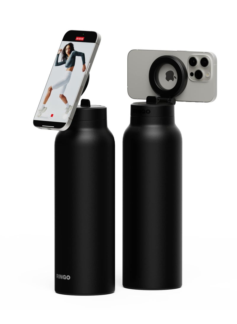 Ringo Pro Water Bottle with Sip Straw Lid | Stainless Steel Hydration Bottle w/ Integrated Magnetic Phone Mount, 12Hrs Hot/24Hrs Cold, BPA-Free, Works w/ Phones & Tablets - Black 24Oz / 710ml - Image 3