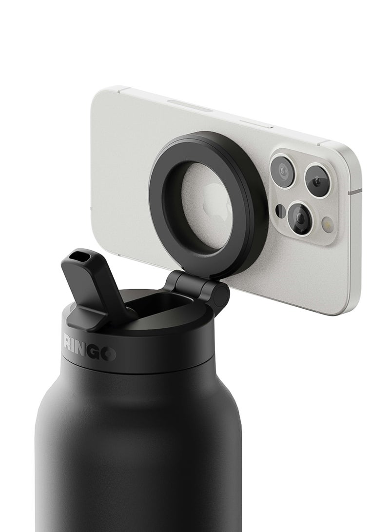 Ringo Pro Water Bottle with Sip Straw Lid | Stainless Steel Hydration Bottle w/ Integrated Magnetic Phone Mount, 12Hrs Hot/24Hrs Cold, BPA-Free, Works w/ Phones & Tablets - Black 24Oz / 710ml - Image 4