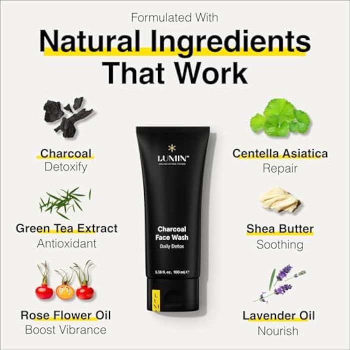 Lumin Charcoal Face Wash for Men – Daily Detox Cleanser, Hydrating Face Wash, Gently Removes Dirt & Oil, Unclogs Pores, Exfoliates, Refreshing Skincare for All Skin Types, 3.4oz - Image 2