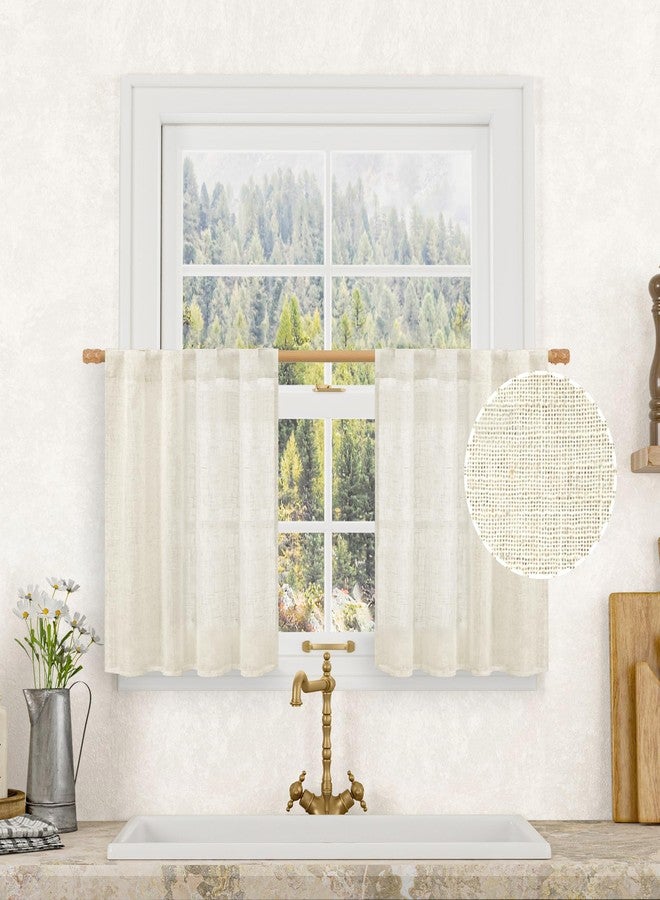LAMIT Kitchen Semi Sheer Linen Curtains 24 Inch Long, Light Filtering Panels Back Tab and Rod Pocket Neutral Drapes for Cafe/Bathroom/Small Window, Natural, 2 Panels, 34 x 24 Inch - Image 1