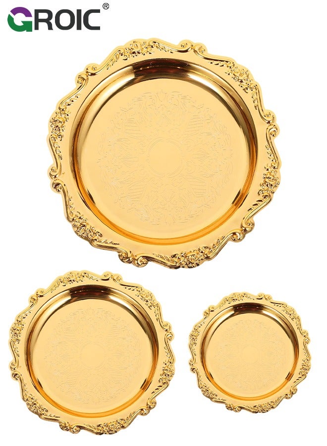 GROIC 3 Pcs Embossed Alloy Fruit Plate, Snack Platter Jewelry Organizer Dish Rustic Table Tray Wedding Reception Dessert Tray Snack Serving Plate Service Plate Salad Plates Dessert Dining Table  - Image 1
