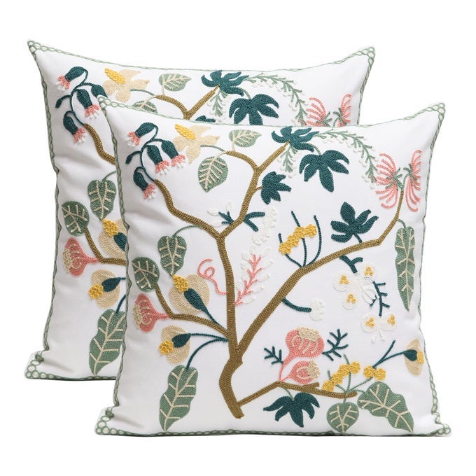 PACK OF 2 EMBROIDERED DECORATIVE THROW PILLOW COVER 18X18 INCH FARMHOUSE FLORAL PILLOWCASE FOR LIVING ROOM SOFA BED SPRING TREE FLORAL