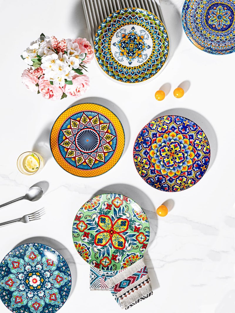HENXFEN LEAD Ceramic Dessert, Salad Plates 8.5 Inch, Small Dinner Plate Set of 6- Serving Dishes for Thanksgiving & Christmas, Dishwasher & Microwave Safe - Bohemian Style - Image 3