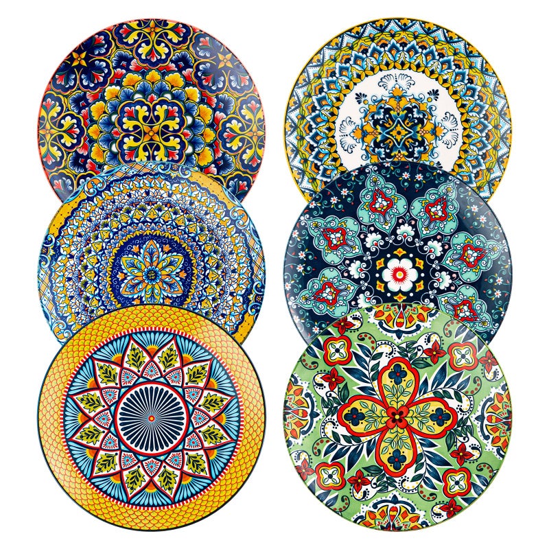 HENXFEN LEAD Ceramic Dessert, Salad Plates 8.5 Inch, Small Dinner Plate Set of 6- Serving Dishes for Thanksgiving & Christmas, Dishwasher & Microwave Safe - Bohemian Style - Image 1