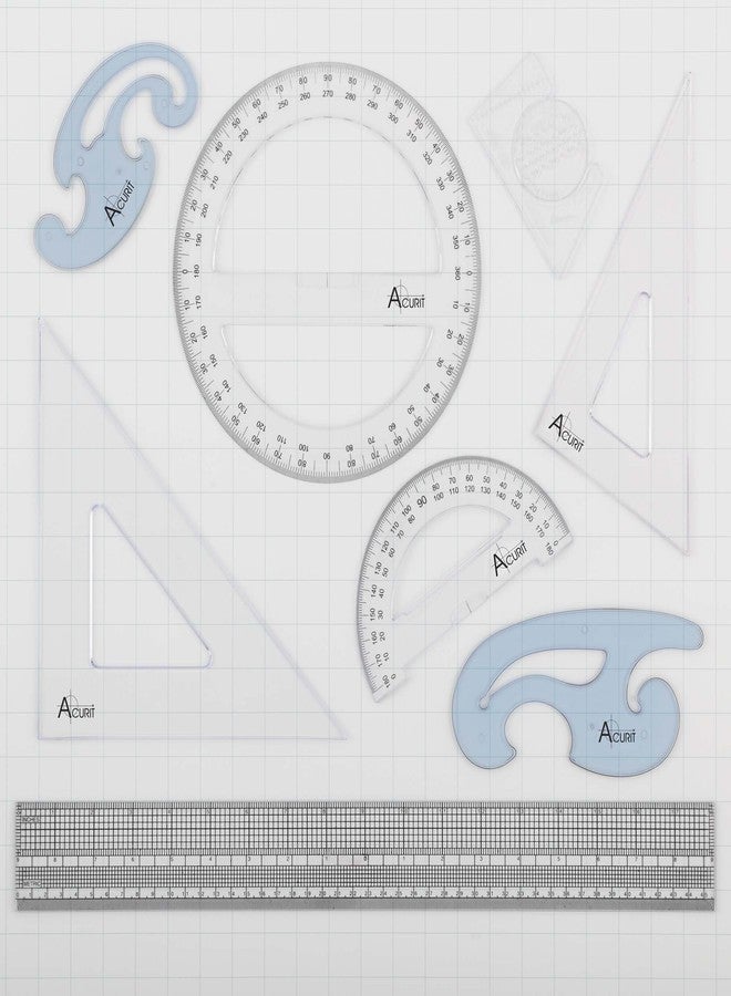 Acurit Drafting Beginner Set - Drafting Tools & Supplies - 7-Piece Drafting Kit for Artists, Architects- Includes Metric Triangles, 8" Protractor, French Curves, Ruler, Pencils & More - Image 2