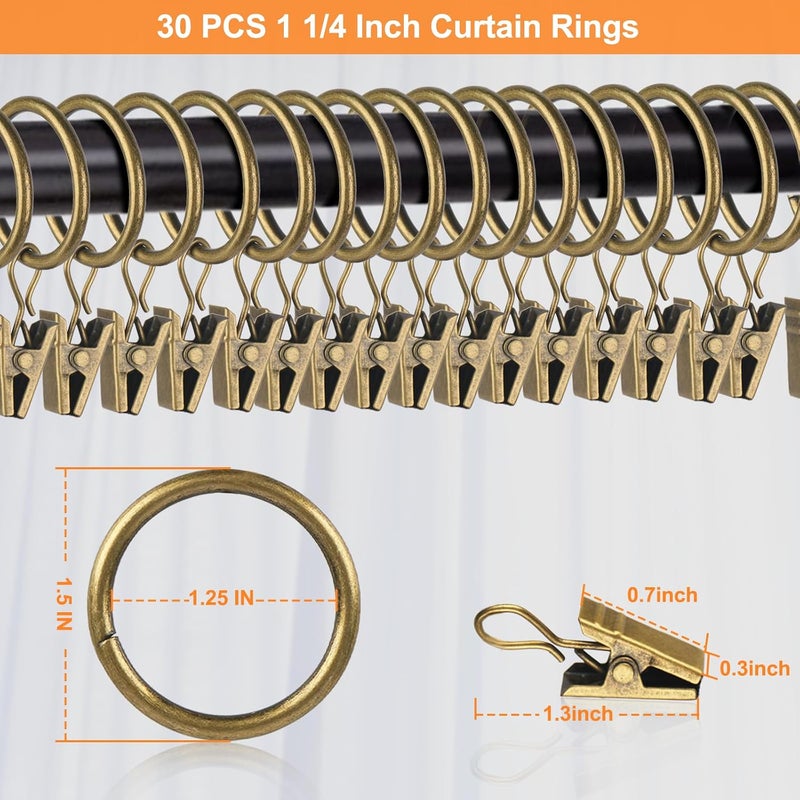 Hanitronic 30 PCS Antique Brass Clips Curtain Hooks for Curtain Rod, This Small Drapery Curtain Ring with Clips Hook Fit Up to 0.75~1.0 -inch Drapery Panel (1 1/4-Inch Inner Diameter) - Image 1