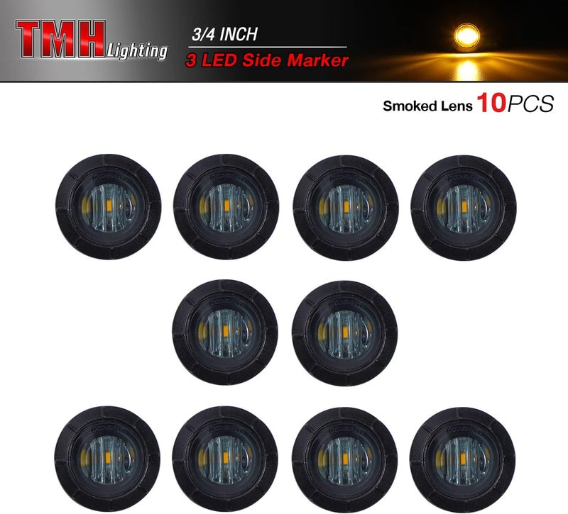 TMH 10 Pcs 3/4 Inch Smoked Lens Amber 3 LED Mini Round Miniature Side Marker Indicator Lights with Rubber suitable for Trailer Pickup Truck Car 12V DC Waterproof - Image 2