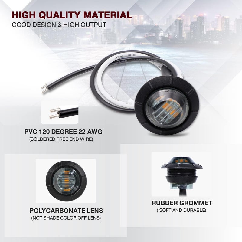 TMH 10 Pcs 3/4 Inch Smoked Lens Amber 3 LED Mini Round Miniature Side Marker Indicator Lights with Rubber suitable for Trailer Pickup Truck Car 12V DC Waterproof - Image 3
