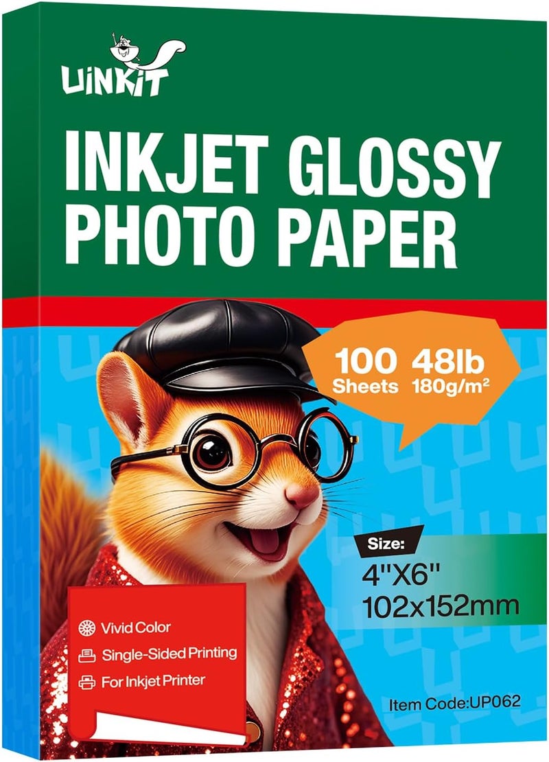 Uinkit ورق صور لامع فائق الجودة - 4x6 بوصة، 48 رطل 180 جرام، 100 ورقة - جودة تصوير احترافية، متوافق مع أحبار الصبغة، لمسة لامعة عالية لذكريات حية وطباعة فورية - Image 1