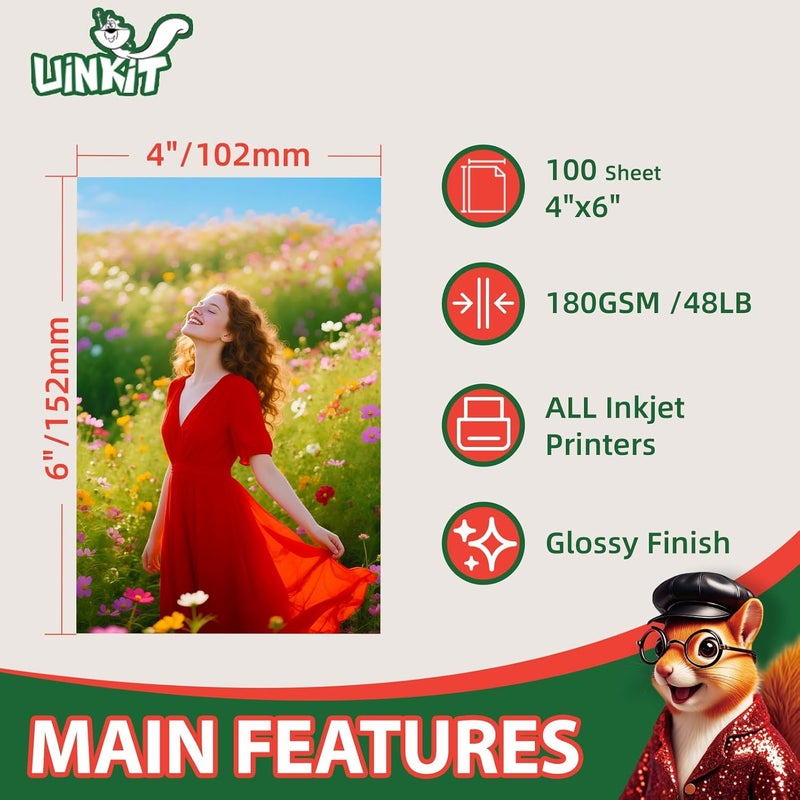 Uinkit ورق صور لامع فائق الجودة - 4x6 بوصة، 48 رطل 180 جرام، 100 ورقة - جودة تصوير احترافية، متوافق مع أحبار الصبغة، لمسة لامعة عالية لذكريات حية وطباعة فورية - Image 2