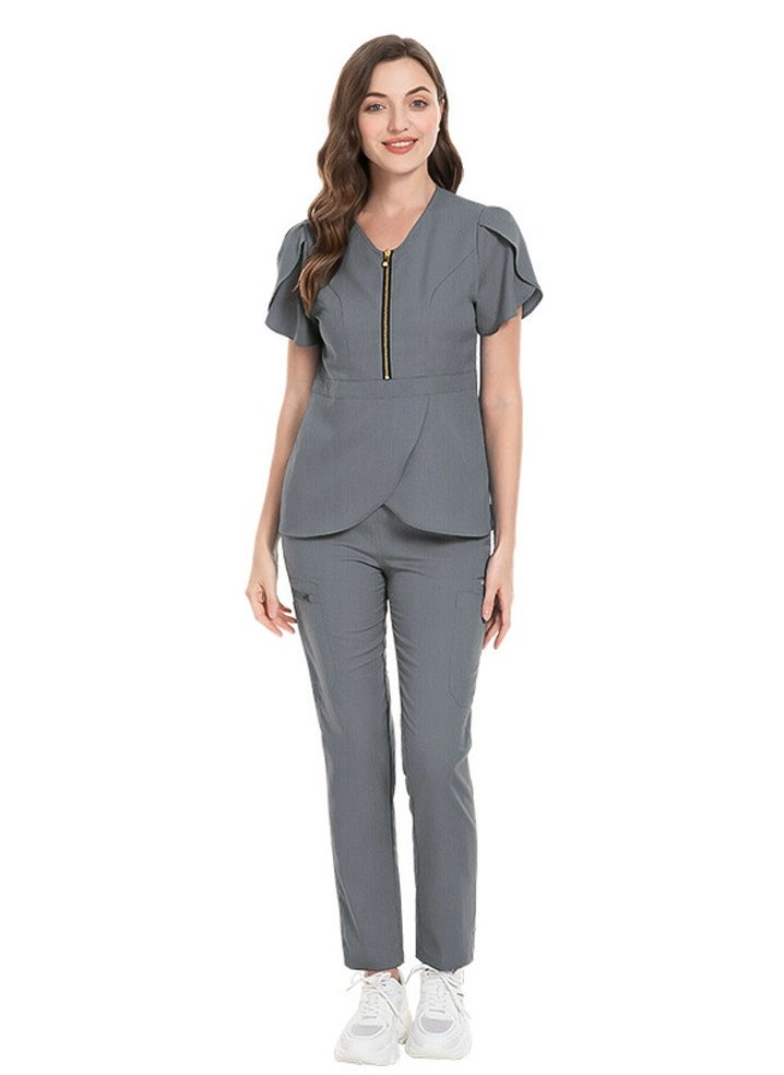 Loquat Womens Slim Fit Medical Uniform Scrubs 2 Piece Set V-Neck Zipper Top and Elastic Waist Pants Suit Grey  - Image 1