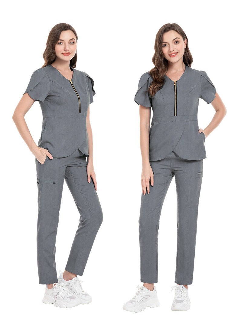 Loquat Womens Slim Fit Medical Uniform Scrubs 2 Piece Set V-Neck Zipper Top and Elastic Waist Pants Suit Grey  - Image 2