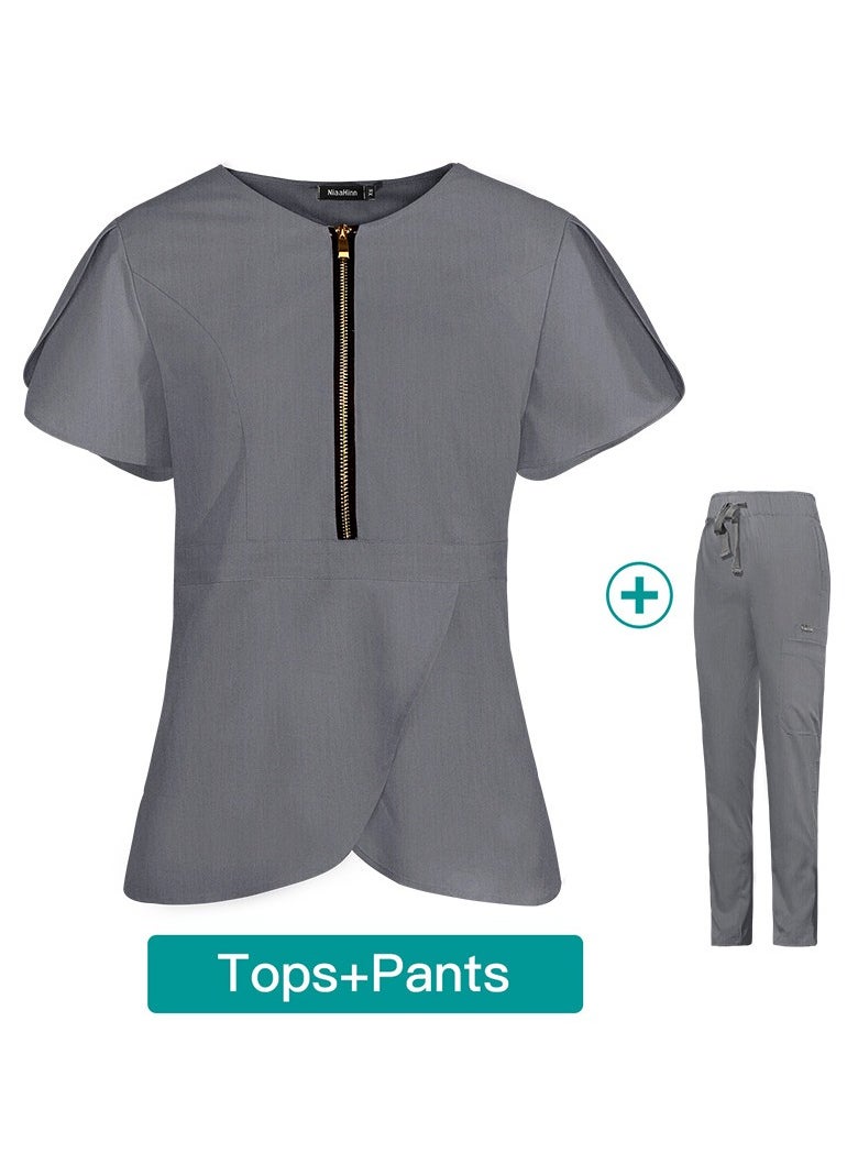 Loquat Womens Slim Fit Medical Uniform Scrubs 2 Piece Set V-Neck Zipper Top and Elastic Waist Pants Suit Grey  - Image 3