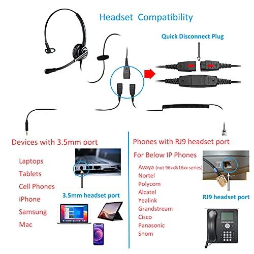 MAIRDI Office Headset with Microphone Noise Canceling, with RJ9 & 3.5mm Jack for Landline Deskphone Cell Phone PC Laptop, Telephone Headset for Call Center Phone, Work for Polycom Avaya Nortel - Image 4