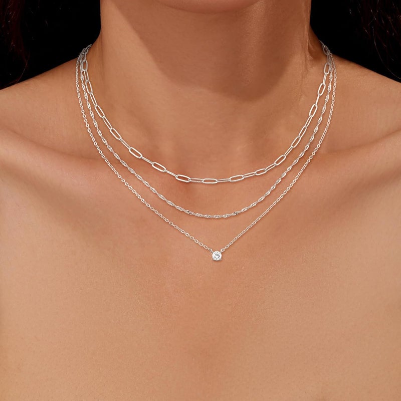 CHESKY Layered Necklaces for Women Trendy, Silver Plated Dainty Stacked Necklace Simple CZ Diamond Pendant Necklaces Waterproof Silver Necklace Stack Adjustable Cute Jewelry Set for Women - Image 3